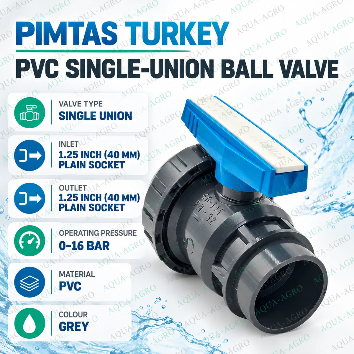 PIMTAS Turkey PVC single union ball valve 1.25 inch 40 mm with plain socket inlet and outlet grey plastic body blue quarter turn handle and 0 to 16 bar operating pressure for irrigation and water pipeline control
