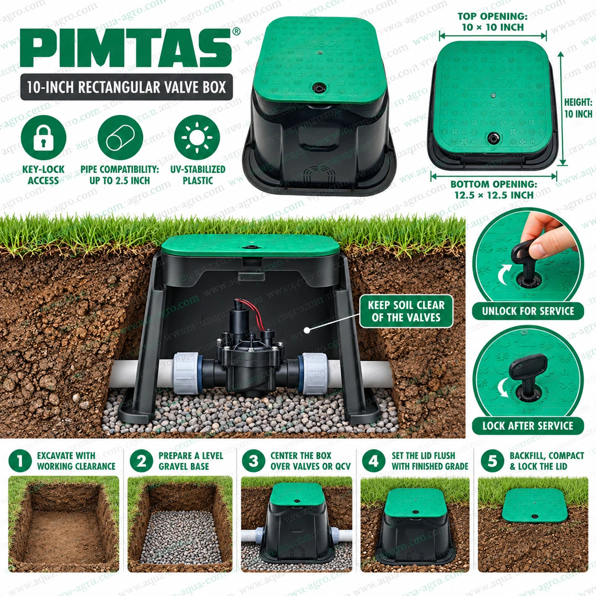 PIMTAS 10 inch rectangular plastic irrigation valve box with green key lock lid black corrugated body UV stabilized construction 10 x 10 inch top opening 12.5 x 12.5 inch bottom opening and 10 inch height for underground irrigation valves and quick coupling valves