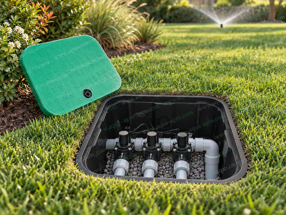 PIMTAS 10 inch rectangular plastic irrigation valve box with green key lock lid black corrugated body UV stabilized construction 10 x 10 inch top opening 12.5 x 12.5 inch bottom opening and 10 inch height for underground irrigation valves and quick coupling valves