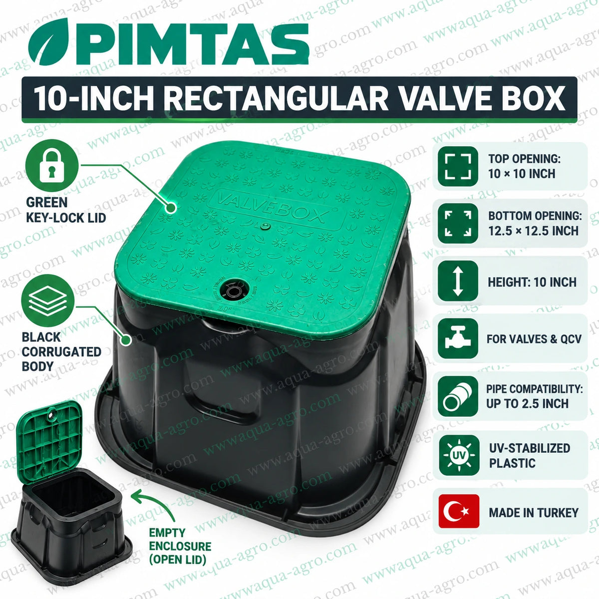PIMTAS 10 inch rectangular underground irrigation valve box installation guide showing gravel base solenoid valve enclosure PVC pipe connections green key lock lid operation and soil backfilling for garden sprinkler irrigation systems