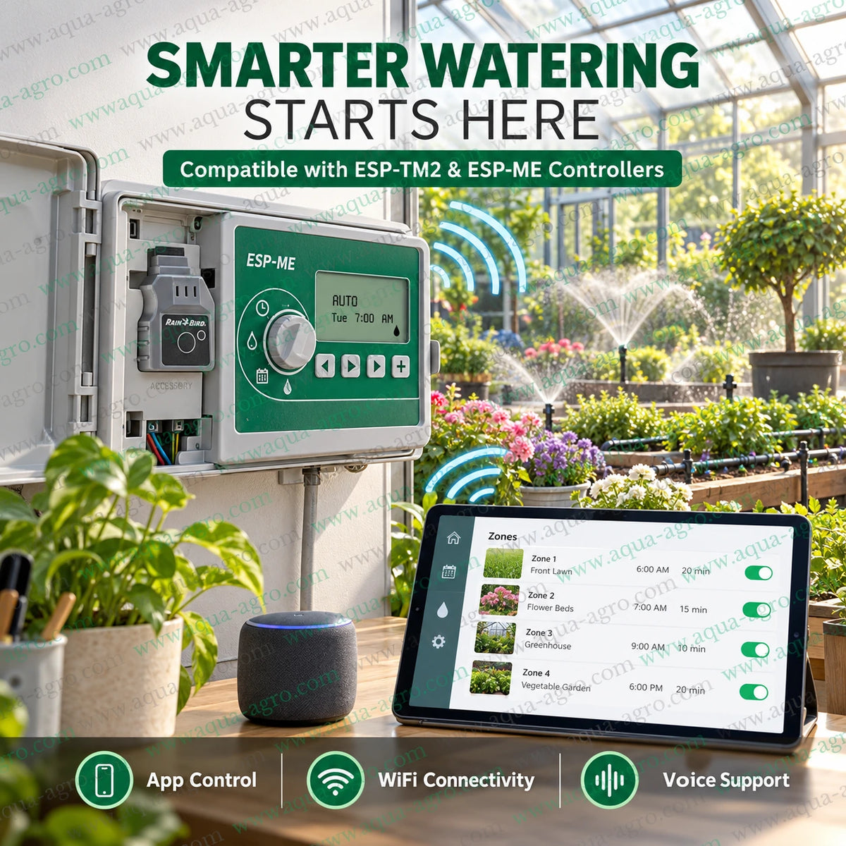 Rain Bird LNK2 WiFi module installed in ESP-ME irrigation controller for smart garden watering automation with wireless connectivity mobile app control and remote sprinkler scheduling
