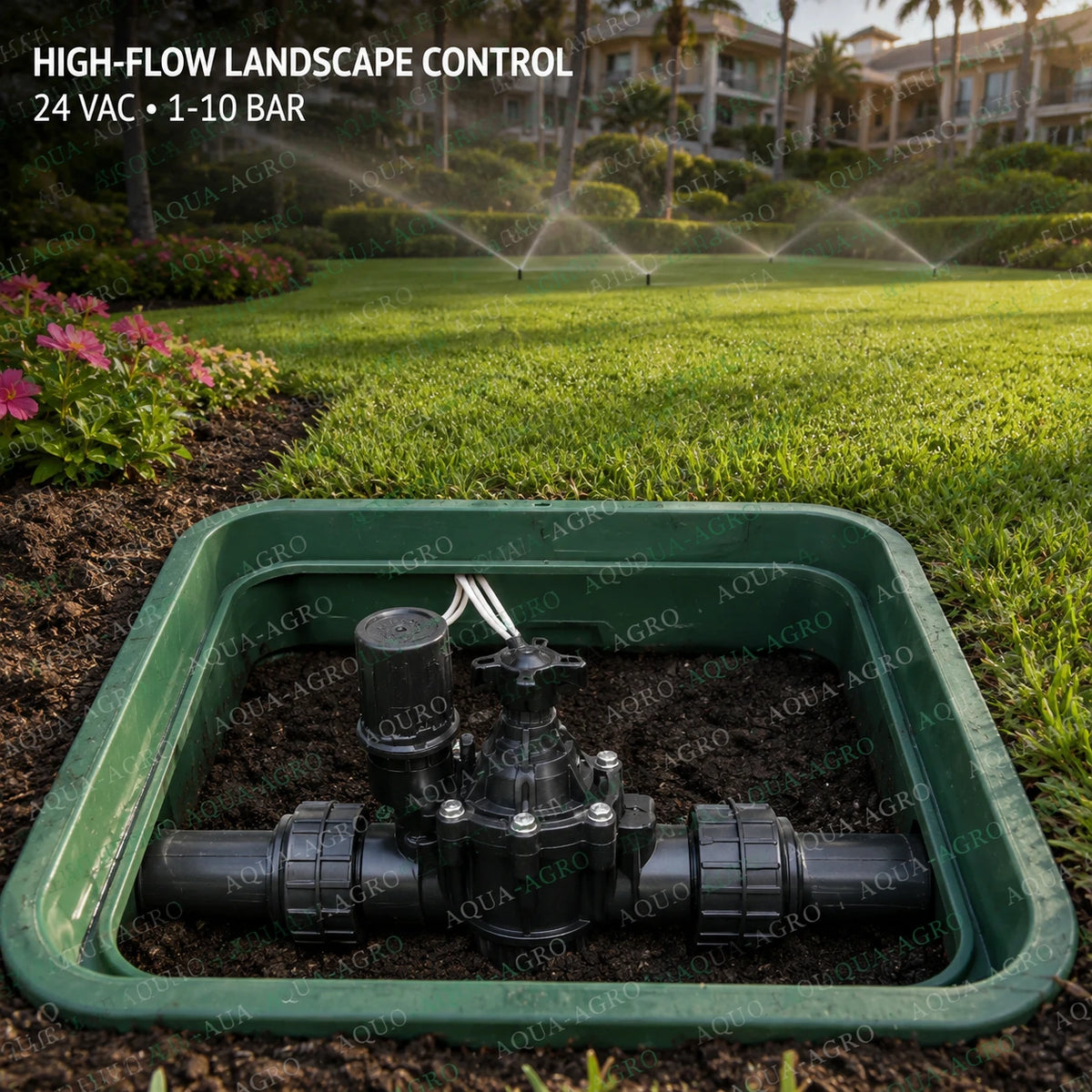 RAIN BIRD I150PGA 1.5 inch 50mm 24 VAC solenoid valve installed in valve box for high flow landscape lawn sprinkler and irrigation automation systems