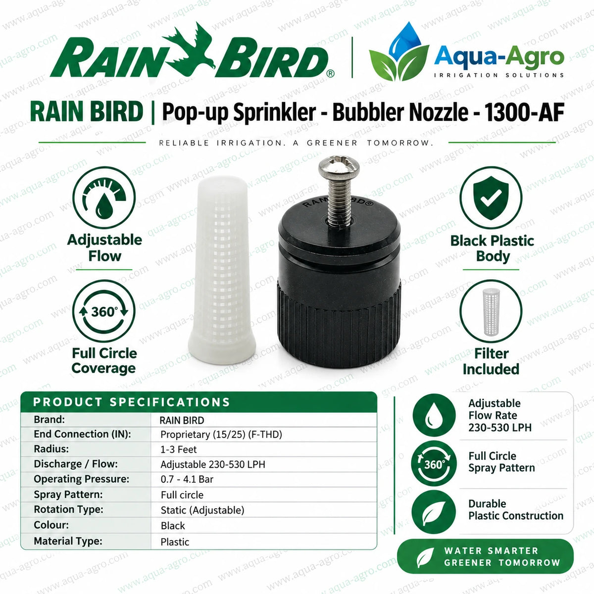 RAIN BIRD 1300-AF adjustable flow bubbler nozzle for pop up sprinkler 250 to 530 LPH full circle 360 degree coverage 1 to 3 feet radius 0.5 inch 20mm female threaded black plastic irrigation bubbler with filter for landscape garden trees shrubs and root zone watering