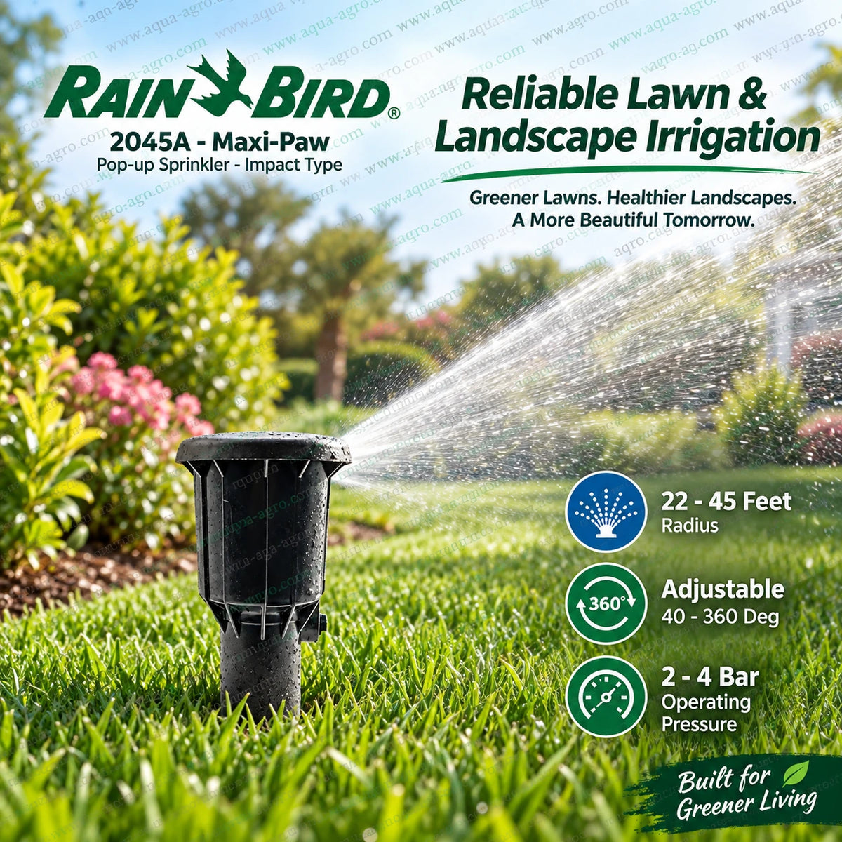 RAIN BIRD 2045A Maxi-Paw impact type pop up sprinkler operating on green lawn with 22 to 45 feet watering radius 40 to 360 degree adjustable spray pattern and 2 to 4 bar operating pressure for residential lawns gardens parks and professional landscape irrigation