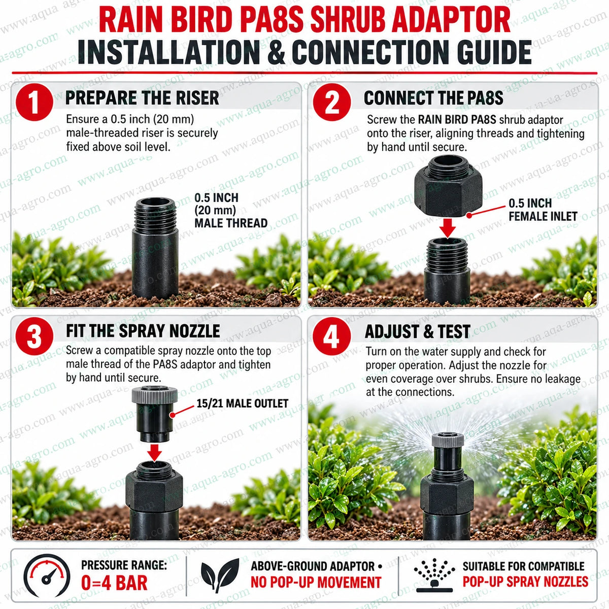 RAIN BIRD PA8S shrub adaptor installation with 0.5 inch female threaded riser connection for pop-up spray nozzles in garden and landscape irrigation