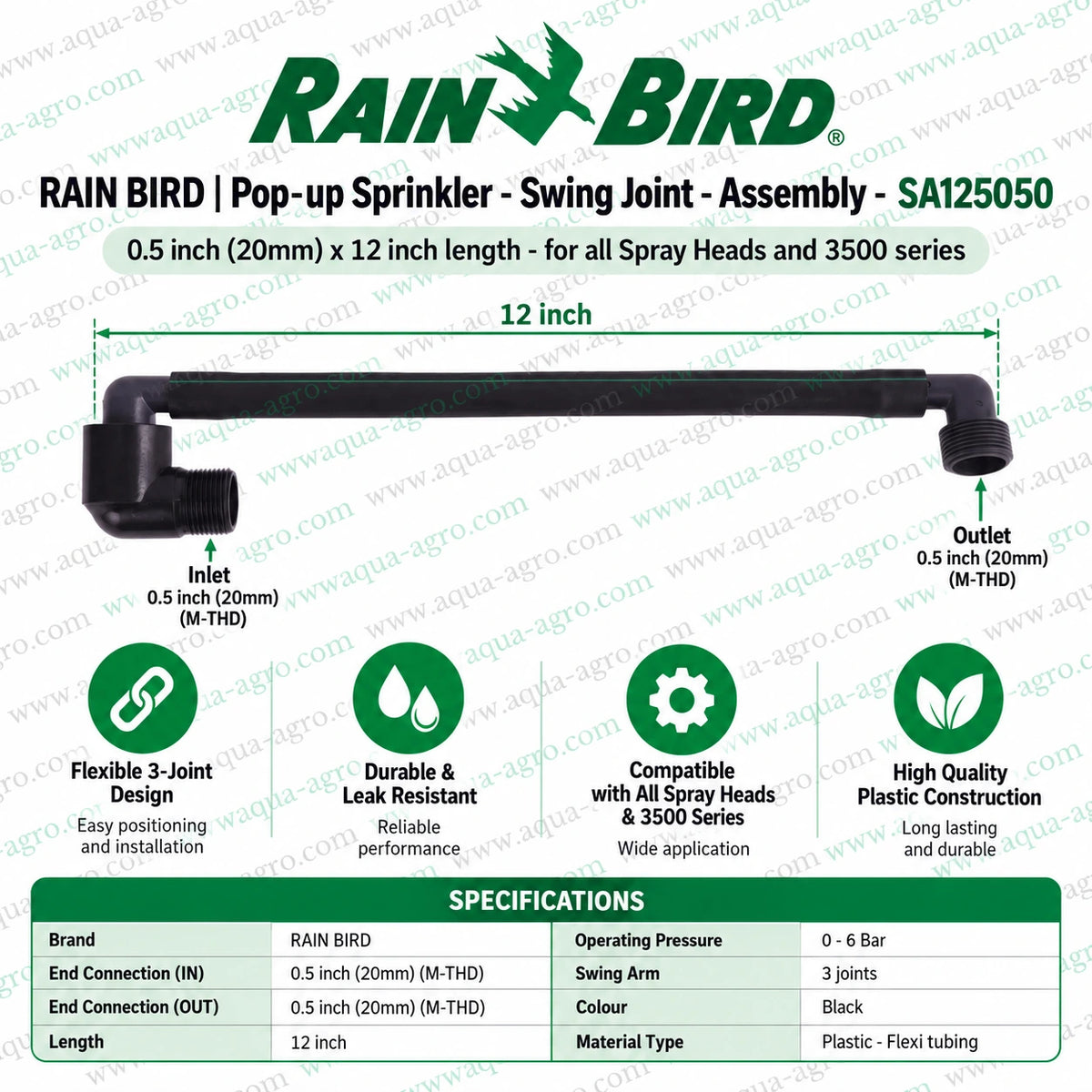 RAIN BIRD SA125050 swing joint assembly for pop up sprinkler systems with 0.5 inch 20mm male threaded inlet and outlet 12 inch length flexible 3 joint swing arm durable leak resistant black plastic flexi tubing 0 to 6 bar operating pressure compatible with Rain Bird spray heads and 3500 series sprinklers