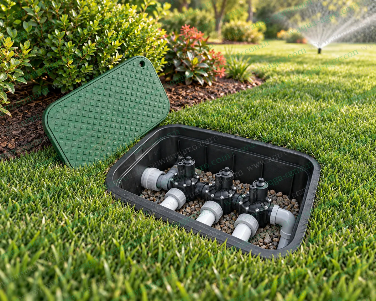 RAIN BIRD PVBSTD 12 inch rectangular underground irrigation valve box installation showing three solenoid valves with PVC pipe connections gravel drainage base green snap in access lid and step by step installation for automatic sprinkler irrigation systems and landscape water management
