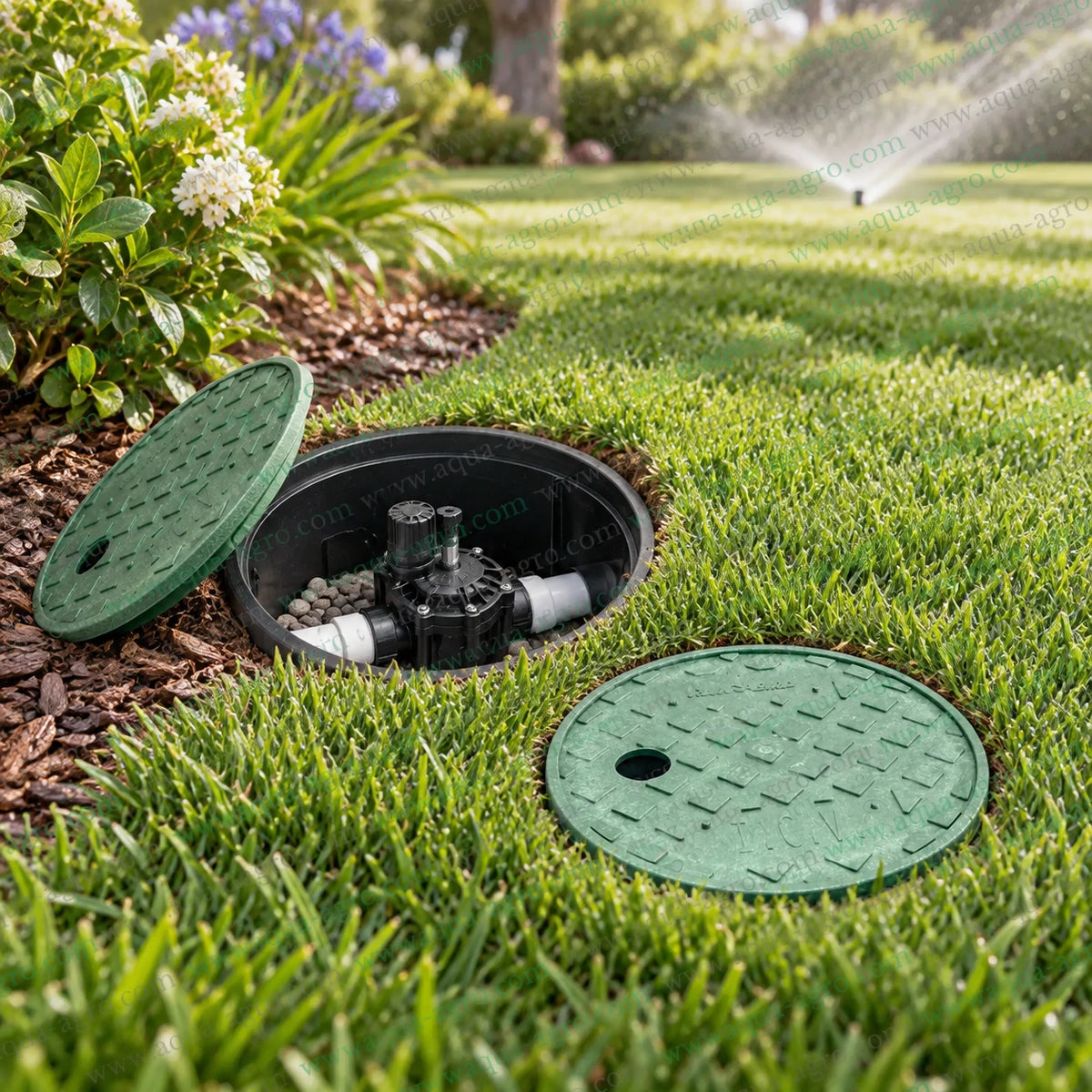 RAIN BIRD PVB6RND 6 inch round underground irrigation valve box installation guide showing gravel drainage base solenoid valve enclosure PVC pipe connections green removable access lid and soil backfilling for automatic garden sprinkler irrigation systems