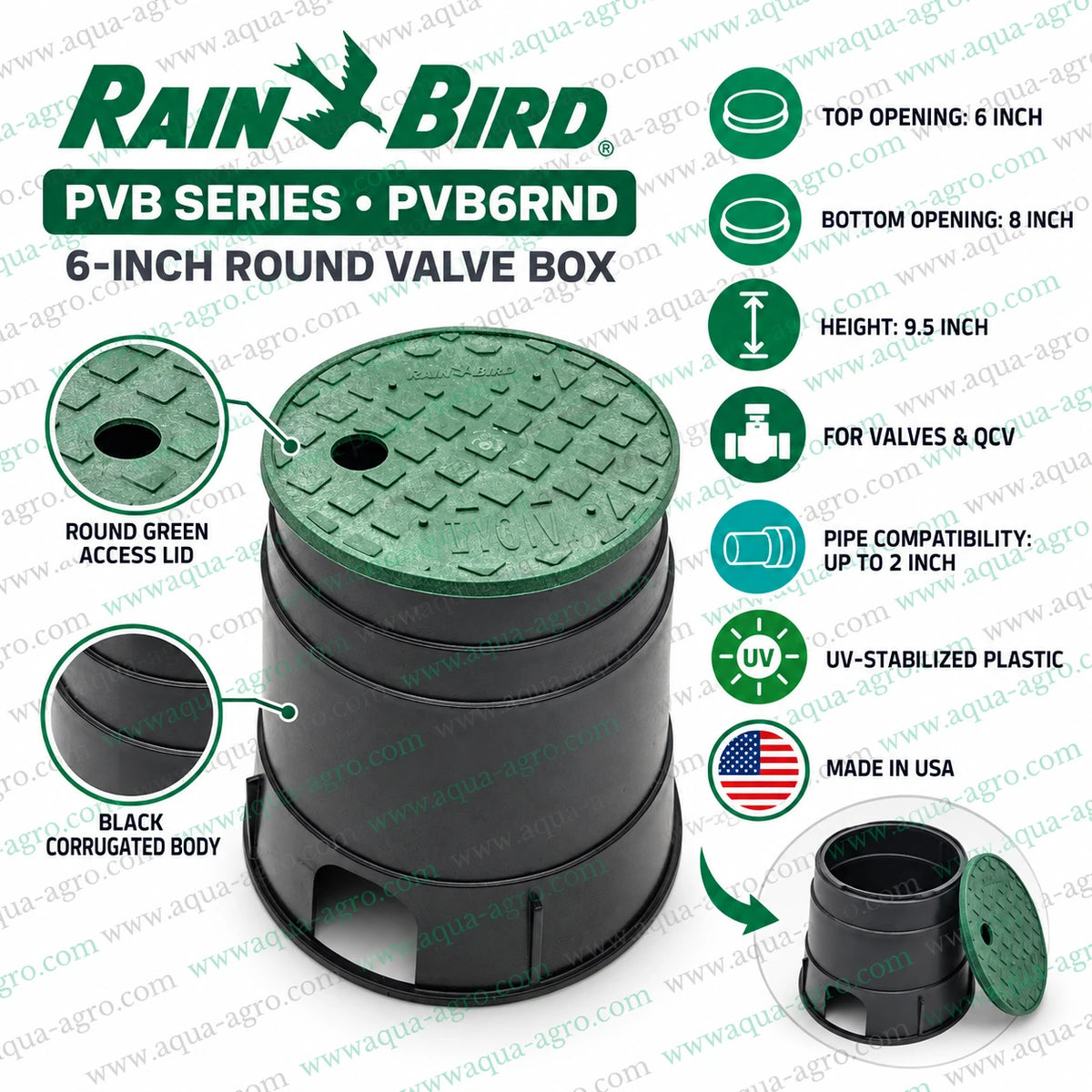 RAIN BIRD PVB Series PVB6RND 6 inch round plastic irrigation valve box with green access lid black corrugated body UV stabilized construction 6 inch top opening 8 inch bottom opening and 9.5 inch height for underground irrigation valves and quick coupling valves