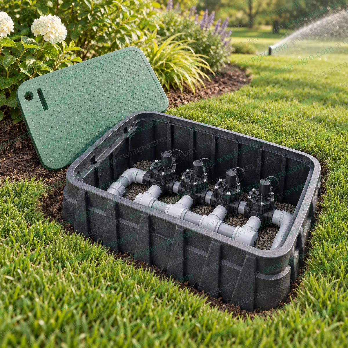 RAIN BIRD VBJMB Jumbo rectangular irrigation valve box installation showing underground solenoid valve manifold with PVC pipe connections gravel drainage base heavy duty black enclosure and removable green snap in access lid for automatic sprinkler irrigation systems