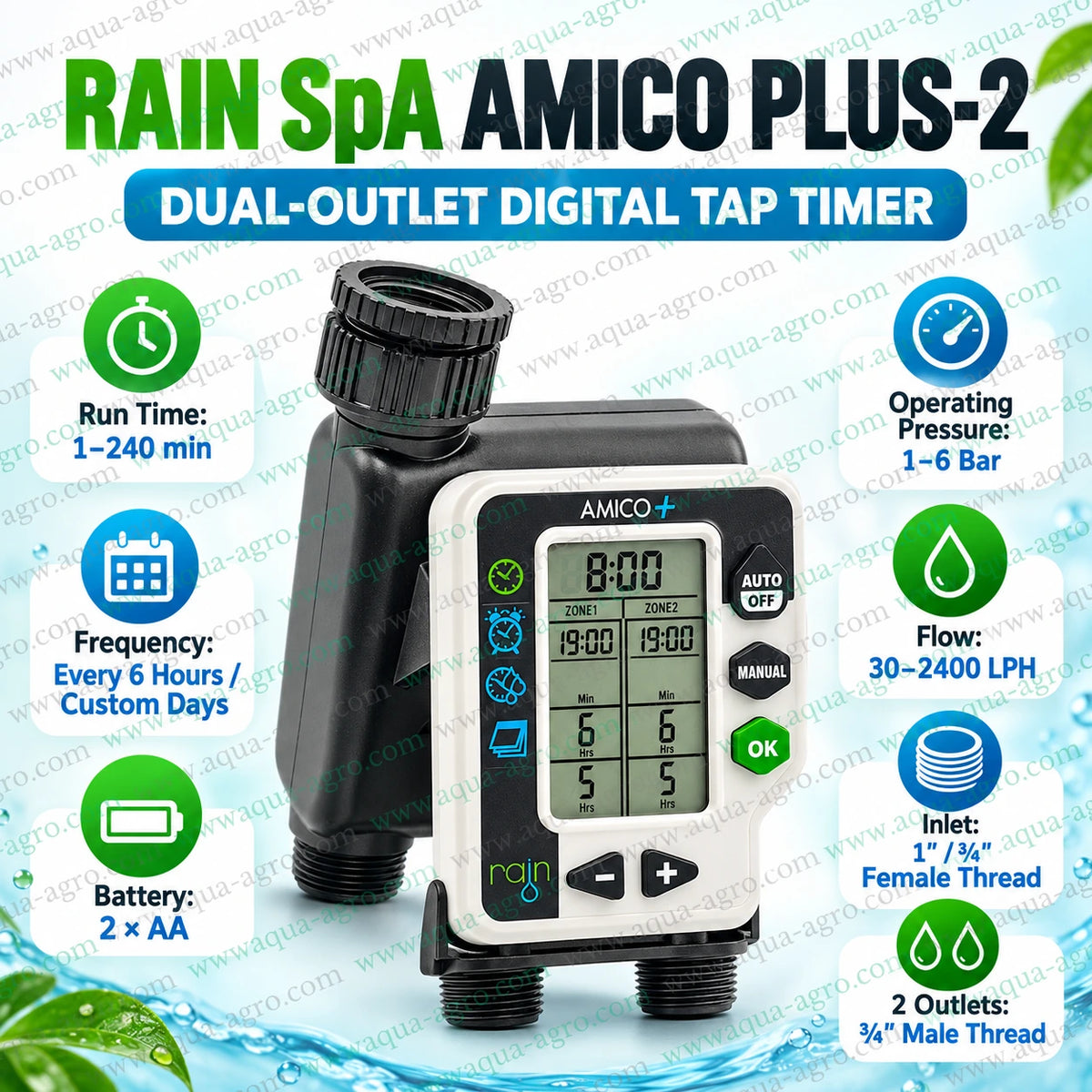 RAIN SpA AMICO PLUS-2 battery operated digital irrigation tap timer with dual 3/4 inch male threaded outlets 1 inch and 3/4 inch female threaded inlet 1 to 240 minute watering duration 30 to 2400 LPH flow rate and programmable watering frequency