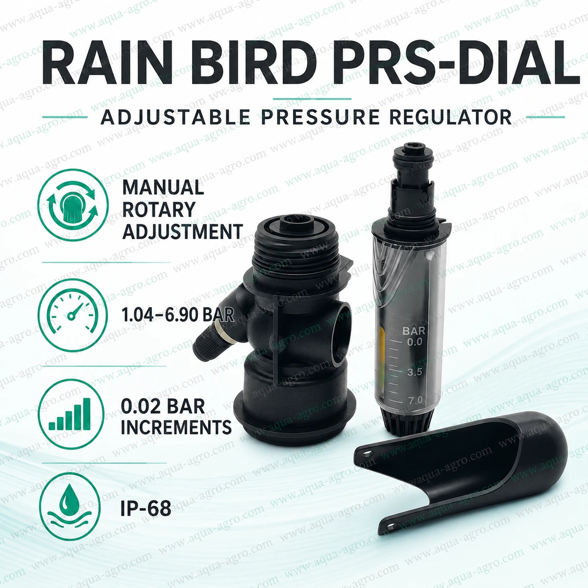 RAIN BIRD PRS-Dial adjustable pressure regulator accessory for PGA and PEB series valves with manual rotary pressure adjustment from 1.04 to 6.90 bar and fine pressure regulation