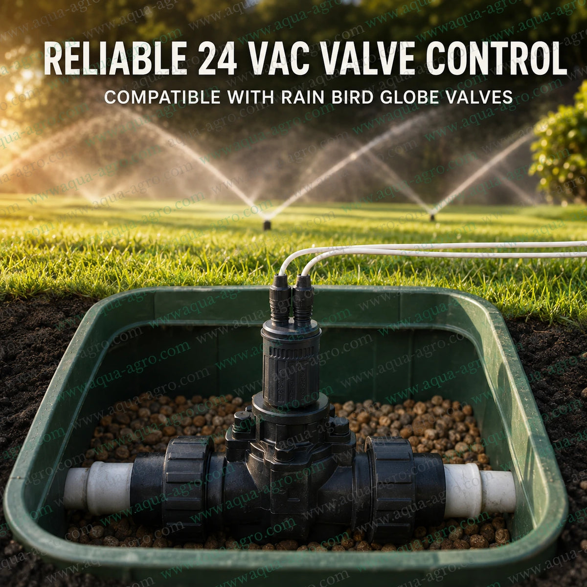 RAIN BIRD SOLASSG4 24 VAC irrigation solenoid coil installed on Rain Bird globe valve for automatic sprinkler irrigation landscape watering and irrigation automation systems