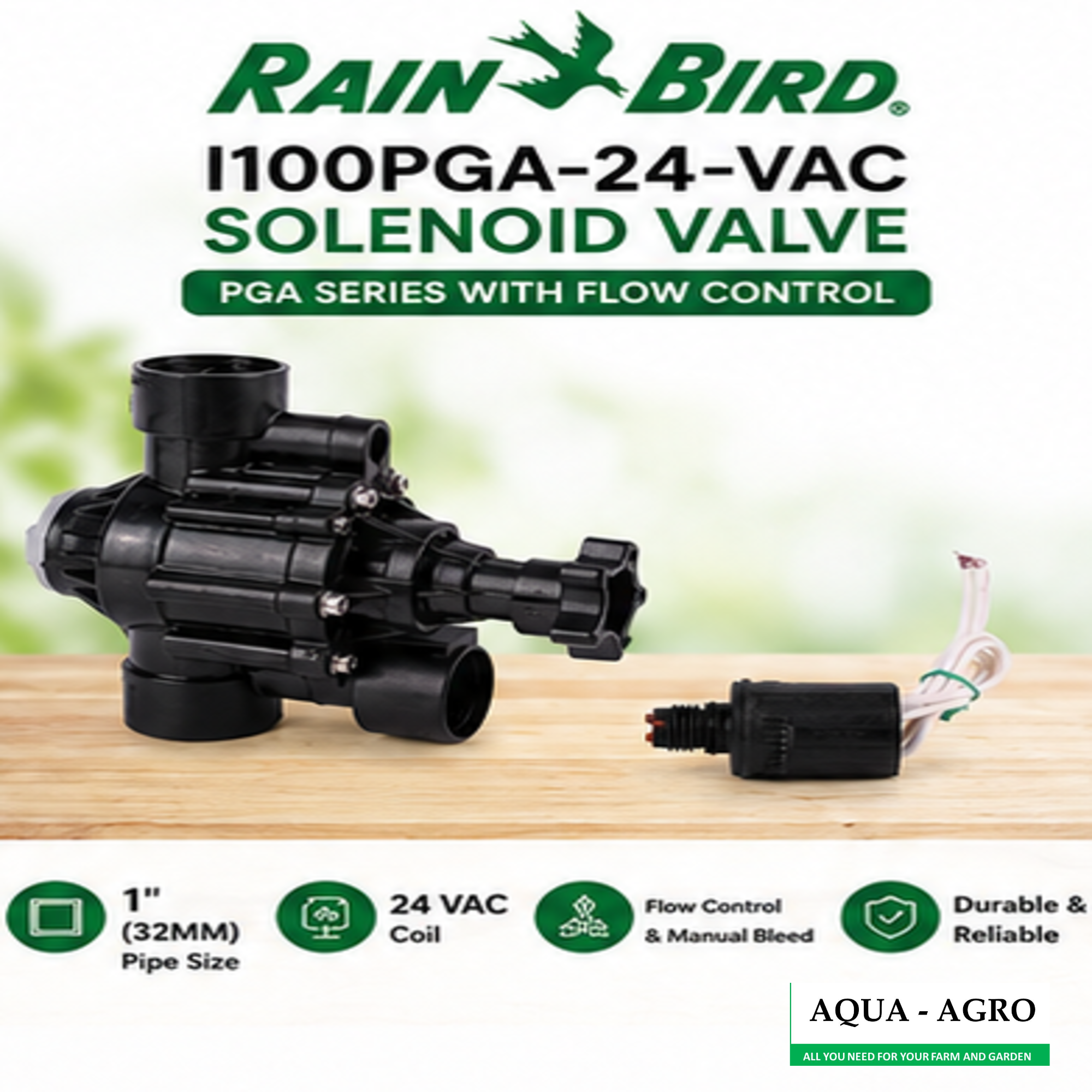 Rain Bird, Irrigation Solenoid Valve, 1 Inch PGA Valve, 24 VAC Valve, Flow Control Valve, Automatic Irrigation Valve, PGA Series Valve, Irrigation Automation