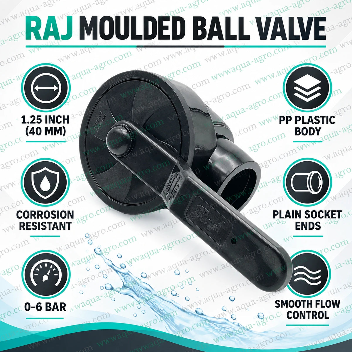 RAJ 1.25 inch 40mm PP plastic moulded ball valve with plain socket ends, corrosion-resistant body and 0 to 6 bar pressure rating