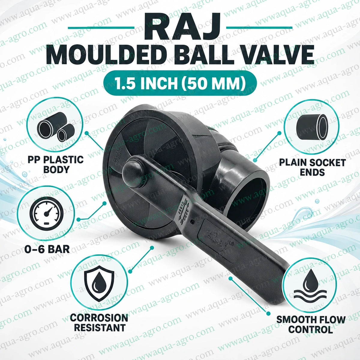 RAJ 1.5 inch 50mm PP moulded ball valve plain socket installation guide showing 50mm pipe connection and open closed flow control positions