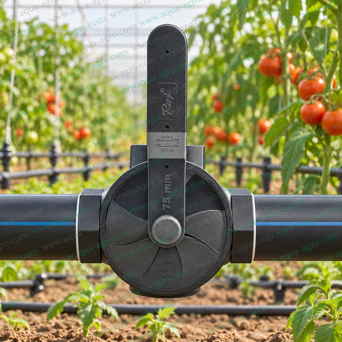 RAJ 2.5 inch 75mm PP moulded female threaded ball valve installed on agricultural irrigation pipeline for farm water flow control