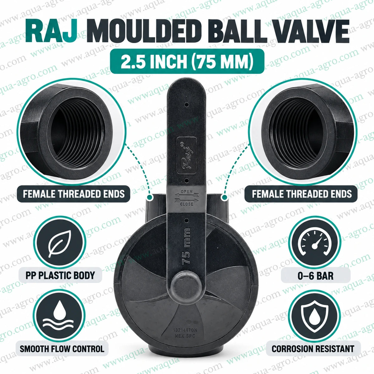 RAJ 2.5 inch 75mm PP plastic moulded ball valve with female threaded ends, corrosion-resistant body, smooth flow control and 0–6 bar pressure rating