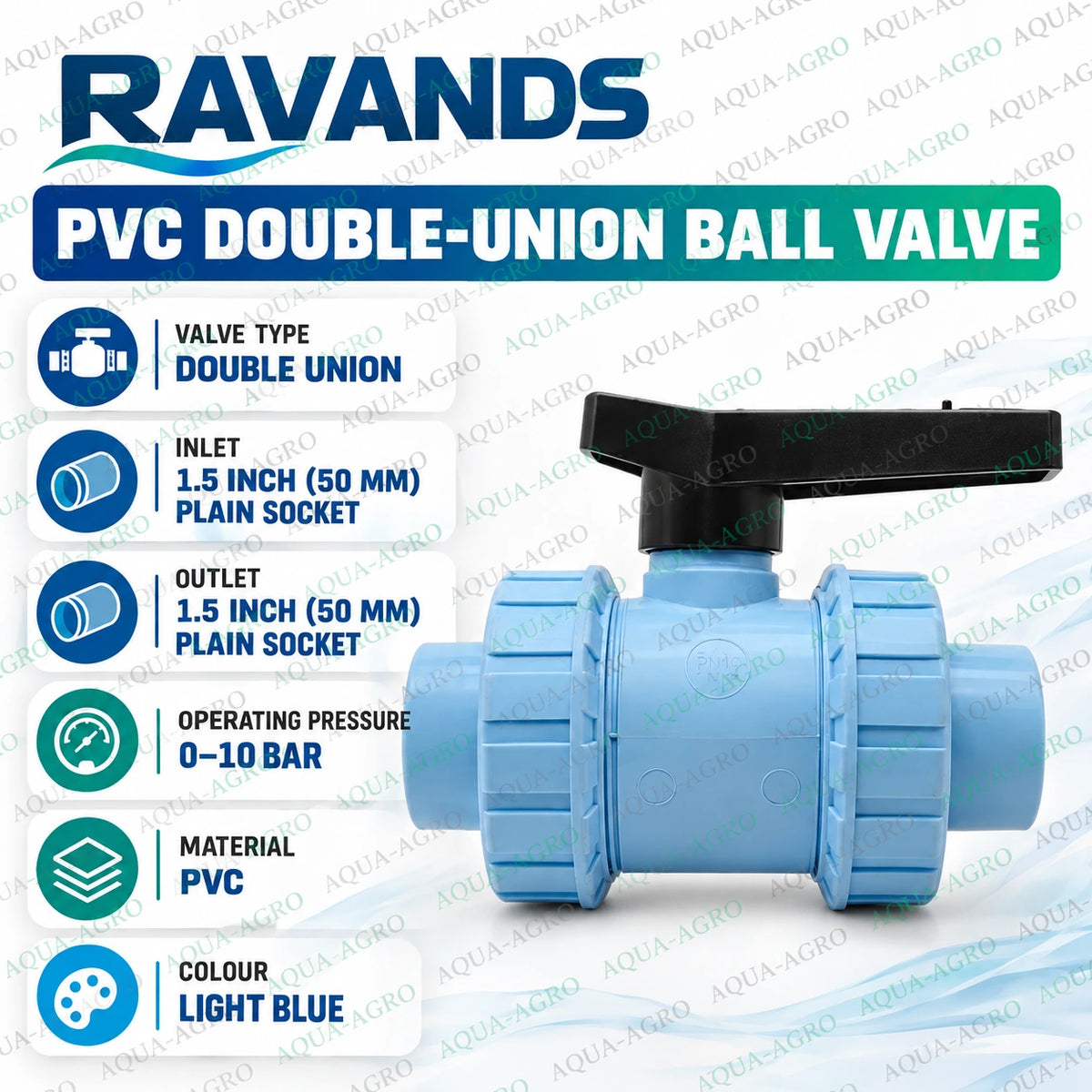 RAVANDS PVC double union ball valve 1.5 inch 50 mm with light blue plastic body black handle plain socket inlet and outlet removable double union fittings and 0 to 10 bar pressure rating for agricultural irrigation plumbing and water supply systems