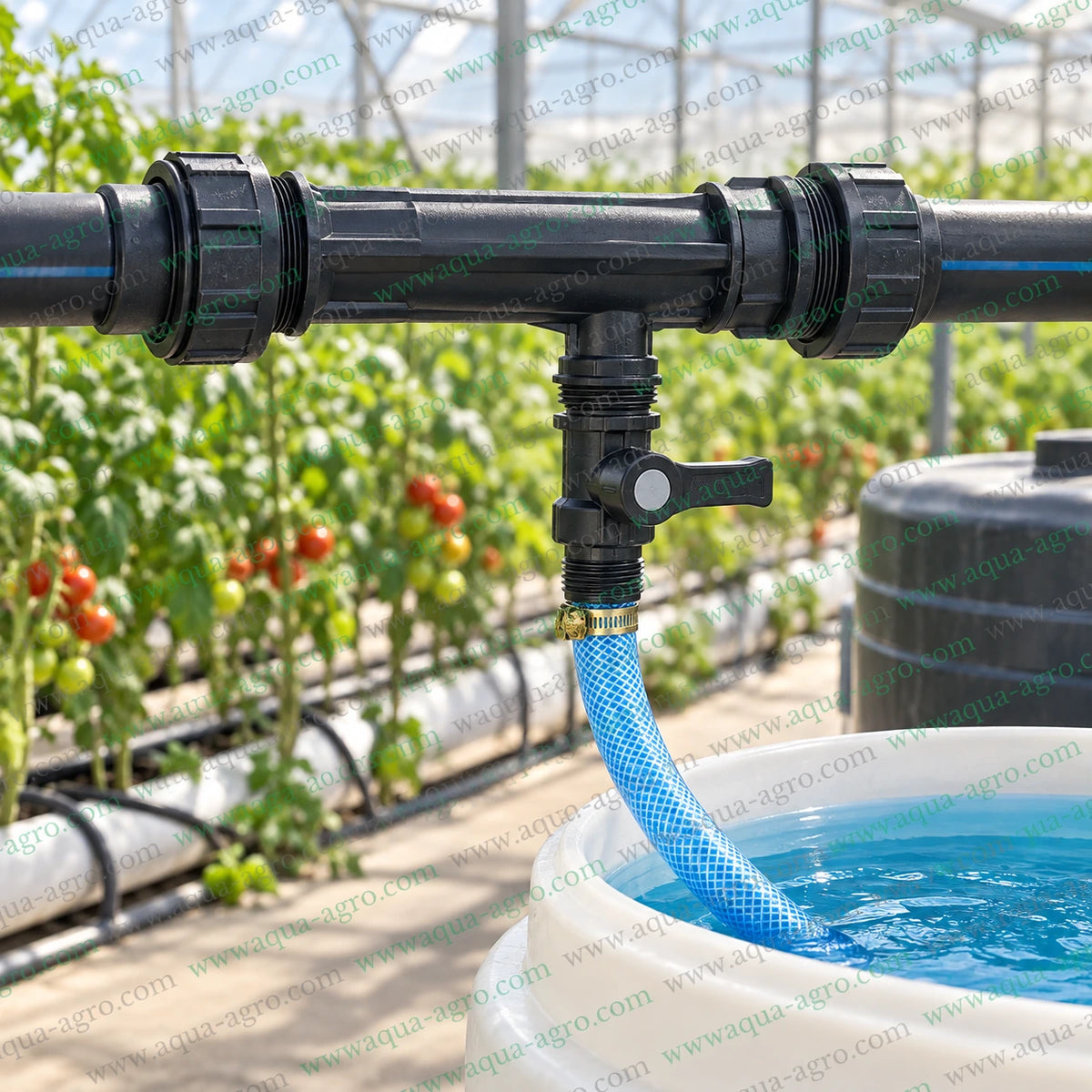 RAVANDS RAV-VEN-63-SPR 2 inch 63mm black Sprinter Venturi fertilizer injector installed in greenhouse irrigation pipeline with suction control valve and blue braided hose connected to fertilizer solution tank for agricultural fertigation and drip irrigation systems