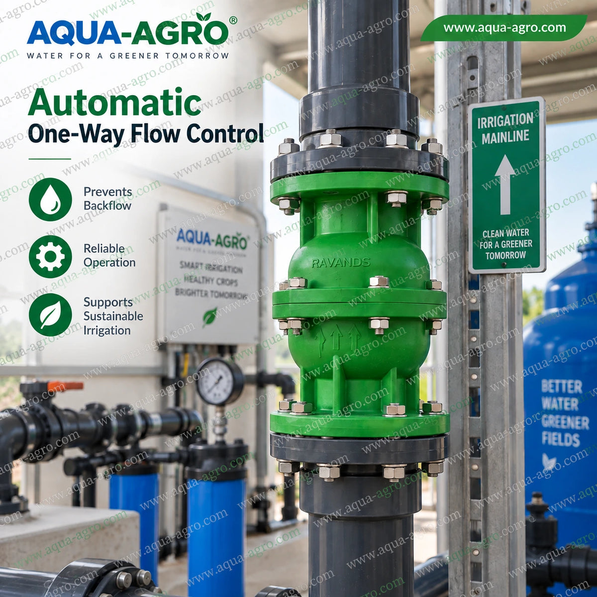 RAVANDS 2 inch 63mm plastic spring check non return valve with flanged ends installed vertically for automatic one way flow control in irrigation systems