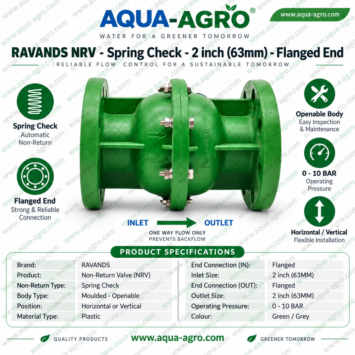 RAVANDS 2 inch 63mm plastic spring check non return valve with flanged ends 0 to 10 bar pressure for irrigation and backflow prevention