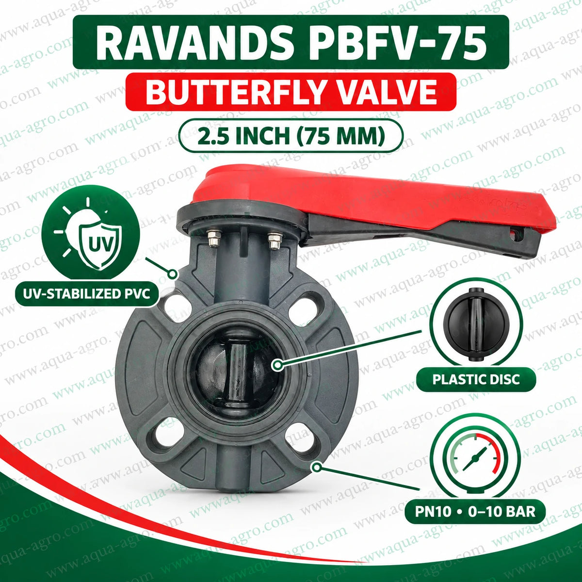 RAVANDS PBFV-75 2.5 inch PVC butterfly valve wafer installation between flanges with through bolts for irrigation water pipeline flow control