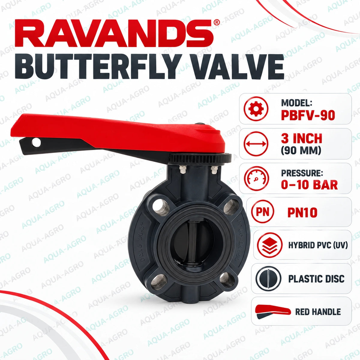 RAVANDS PBFV-90 3 inch 90mm PVC butterfly valve with black plastic body plastic disc red locking lever handle PN10 pressure rating for agricultural irrigation water supply and pipeline flow control