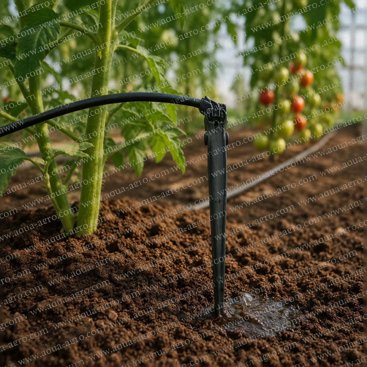 RIVULIS Black Arrow Dripper 2.3 LPH drip peg with angled barbed inlet installed for precise tomato plant root-zone irrigation