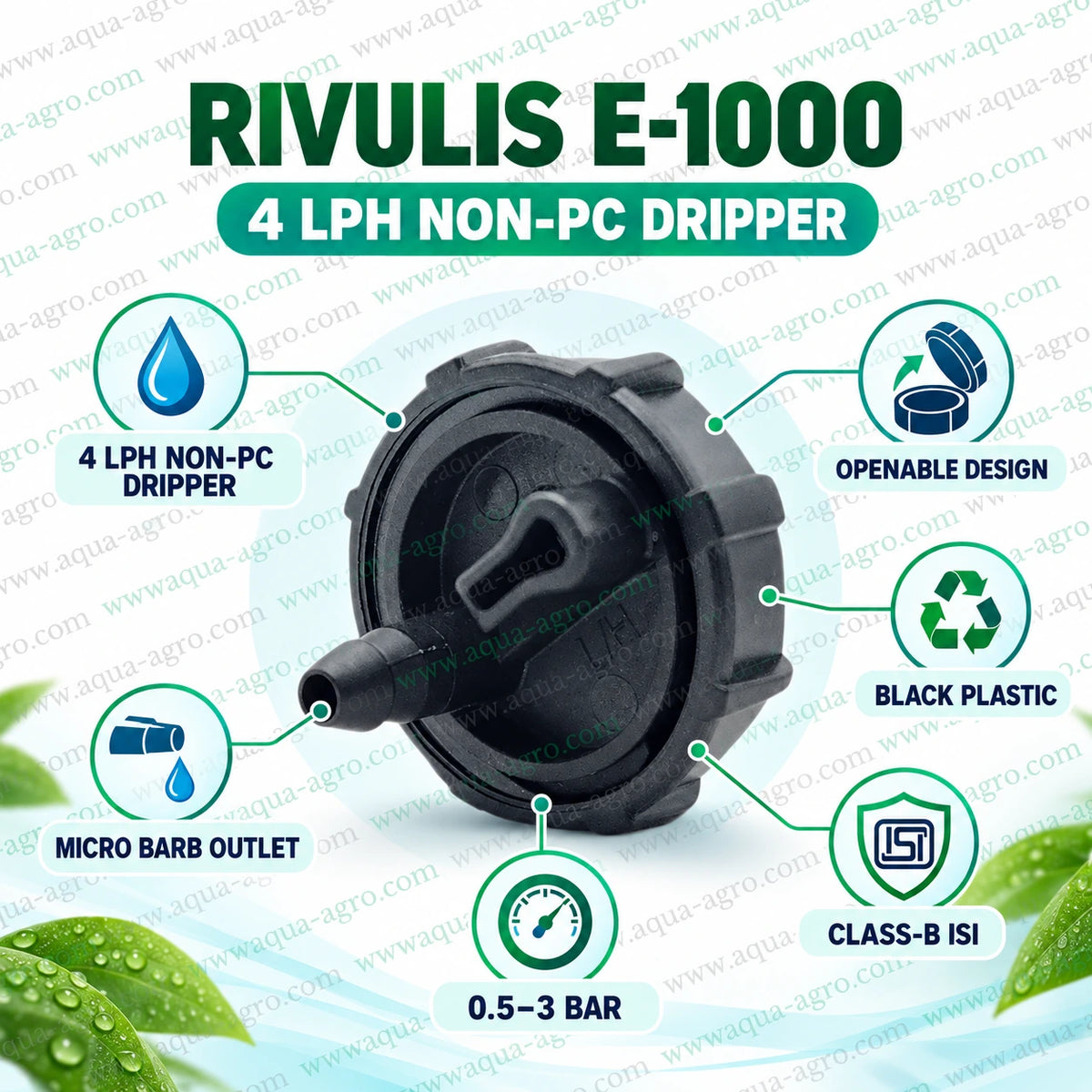 RIVULIS E-1000 4 LPH non PC openable drip emitter Class B ISI black plastic dripper with micro barb outlet for drip irrigation systems agriculture garden and landscape irrigation