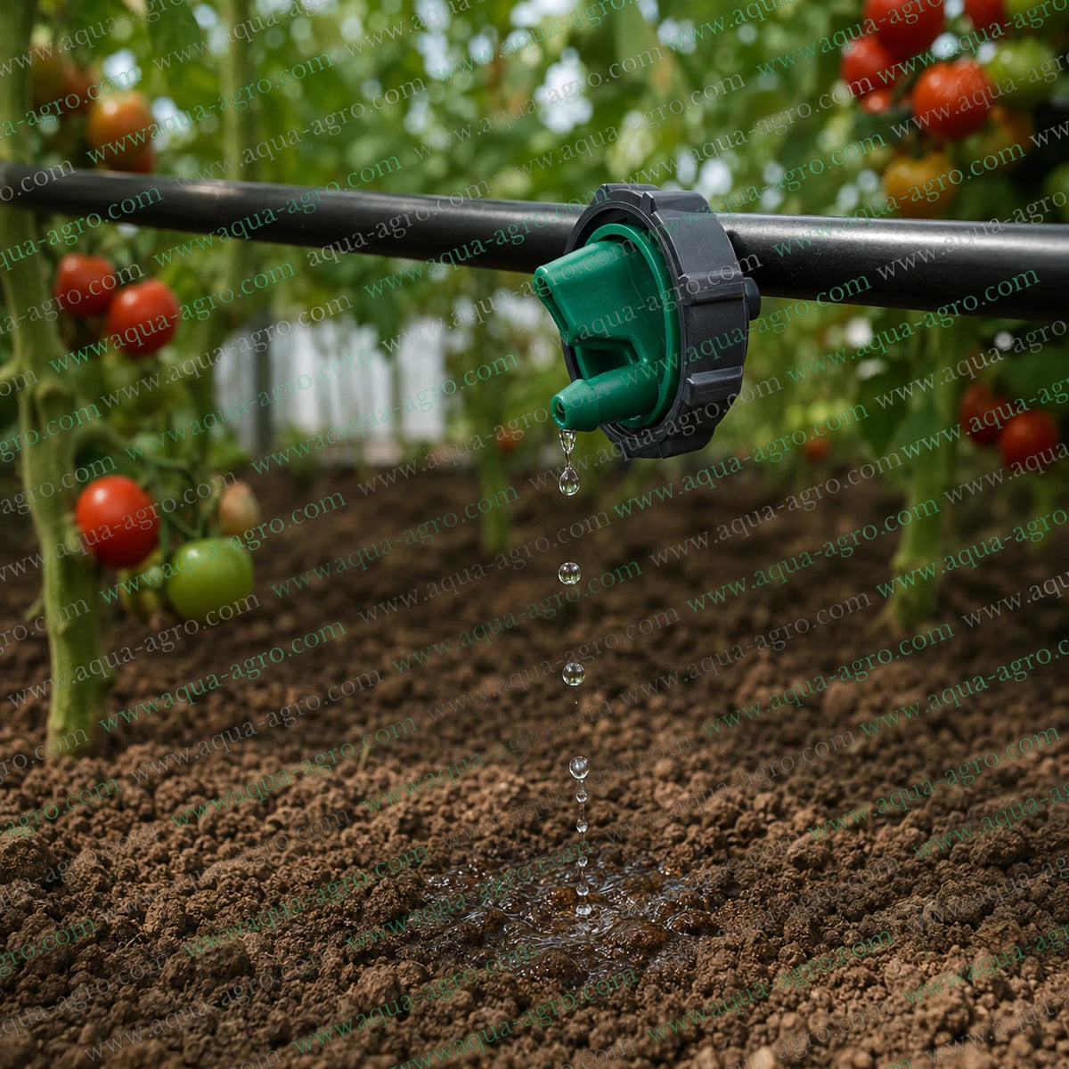 RIVULIS E-1000 8 LPH green openable dripper installed on drip irrigation pipe, delivering water directly to the crop root zone