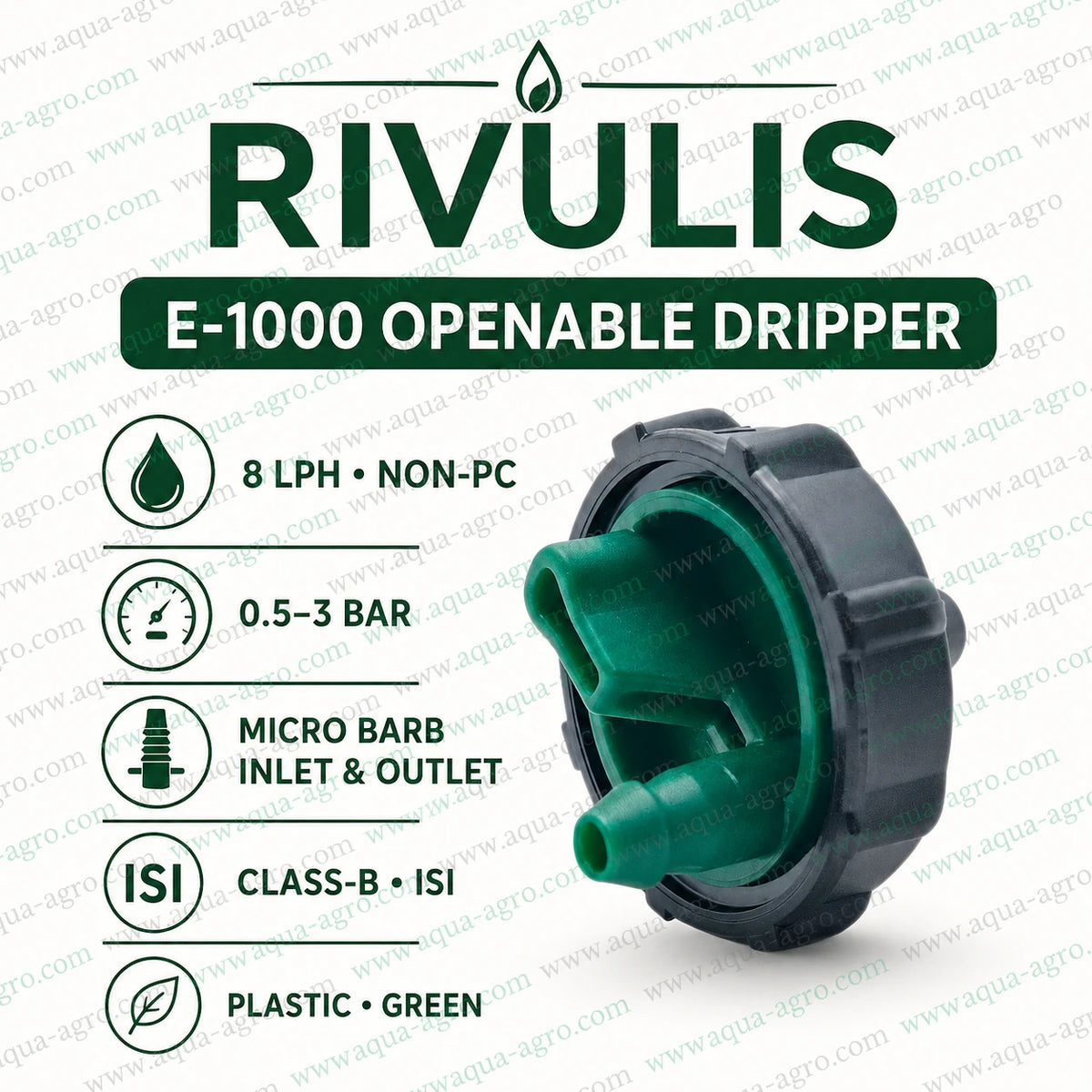 RIVULIS E-1000 8 LPH non-pressure compensated openable dripper with micro barb inlet and outlet, Class-B ISI certified for irrigation