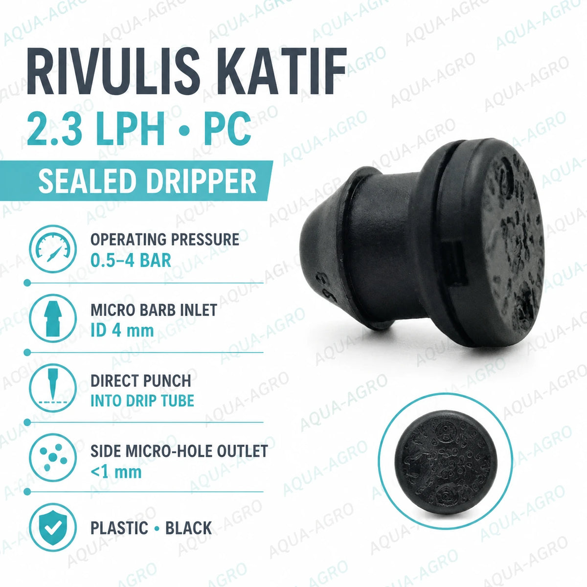 RIVULIS Katif 2.3 LPH pressure compensated sealed drip emitter with micro barb inlet and side outlet, black dripper for drip irrigation