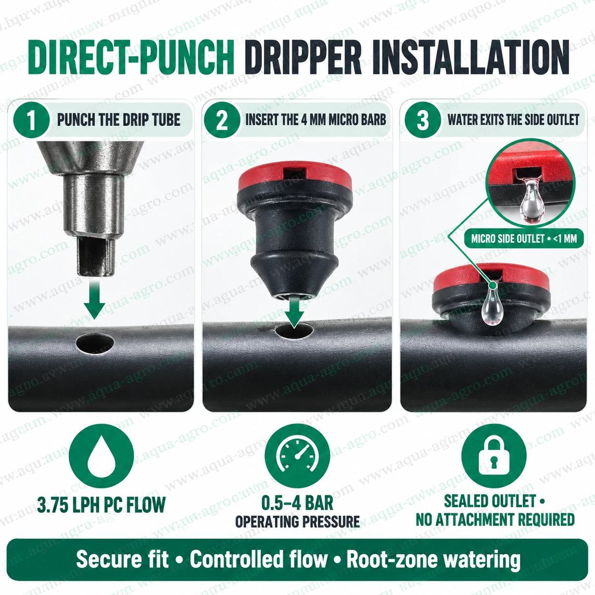 RIVULIS Katif 3.75 LPH pressure compensated drip emitter installation guide showing direct punch fitting into drip irrigation lateral pipe with 4mm micro barb and sealed side water outlet