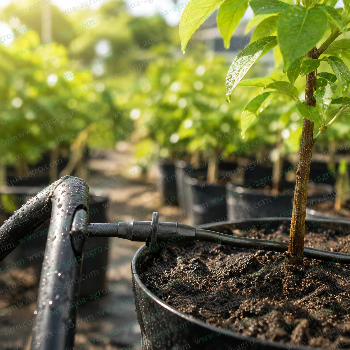 RIVULIS 3x5mm micro tube start connector installed in nursery drip irrigation system for secure water connection to potted plants and trees