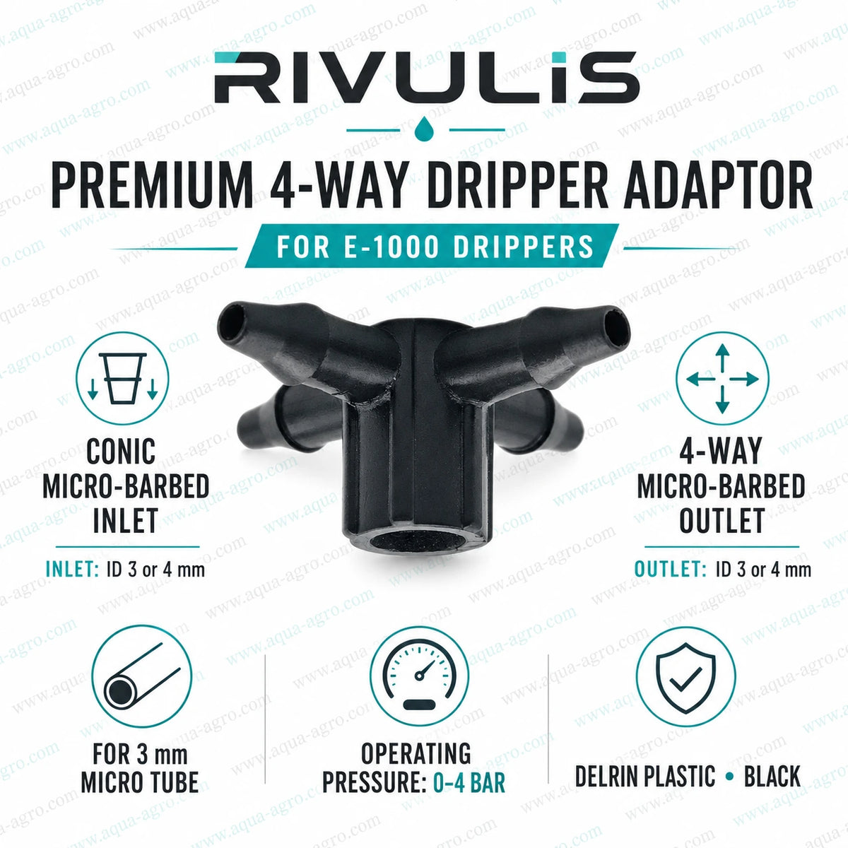 RIVULIS premium 4-way dripper adaptor with 3mm micro barbed fittings for E-1000 drip emitters and microtube irrigation