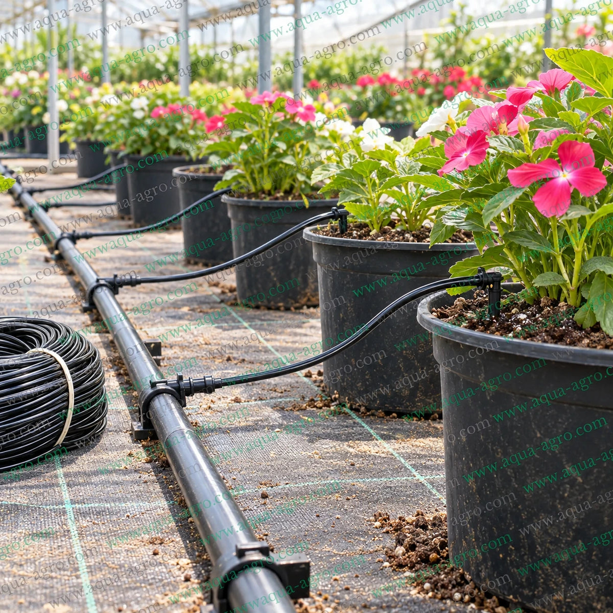 RIVULIS premium 3x5mm black soft PVC spaghetti micro tube connected to drip emitters for watering flowering plants in nursery pots and greenhouse irrigation systems