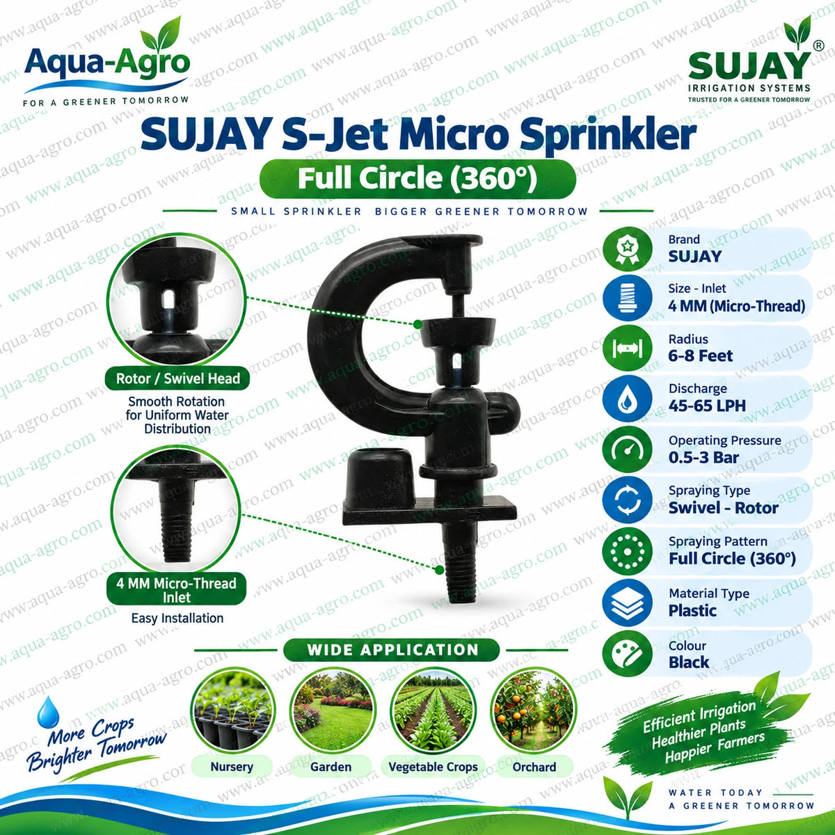 SUJAY S-Jet micro sprinkler 360 degree full circle with 4mm micro thread inlet 45 to 65 LPH discharge 8 to 10 feet spray radius for nursery garden vegetable crop and orchard irrigation
