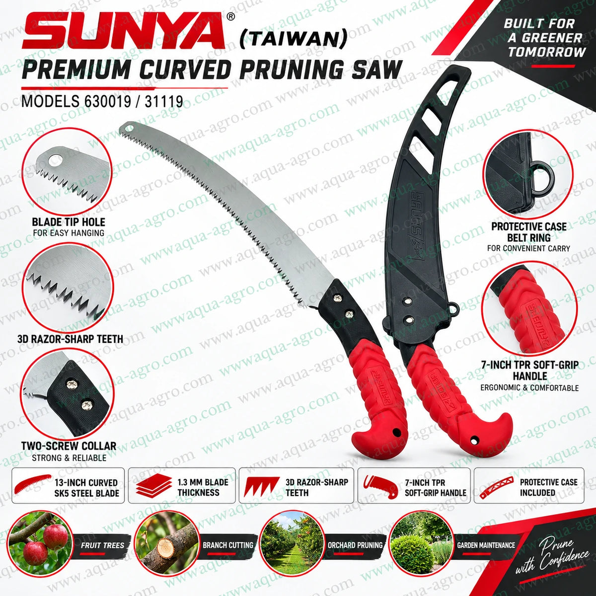 SUNYA 630019 31119 curved pruning saw with 3D razor sharp SK5 steel blade 1.3 mm thickness ergonomic TPR soft grip handle protective case for orchard tree pruning branch cutting and garden maintenance