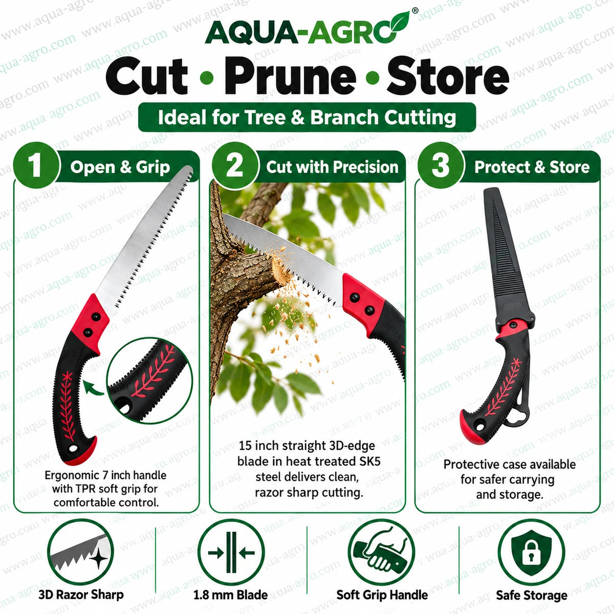 SUNYA 631059 straight pruning hand saw with 15 inch heat treated SK5 steel blade 1.8 mm thickness 3D razor sharp teeth soft grip handle and protective case for tree branch cutting