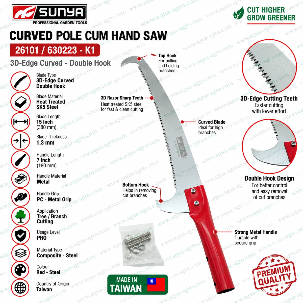 SUNYA 26101 630223 K1 premium double hook curved pole cum hand saw with 15 inch heat treated SK5 steel 3D razor sharp blade for tree branch cutting pruning and high reach garden use