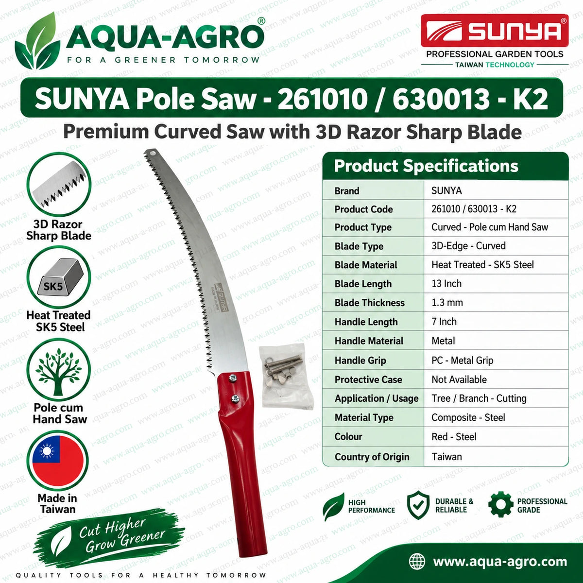 SUNYA 261010 630013 K2 premium pole cum hand saw with 13 inch heat treated SK5 steel 3D edge curved blade for professional tree branch cutting and pruning