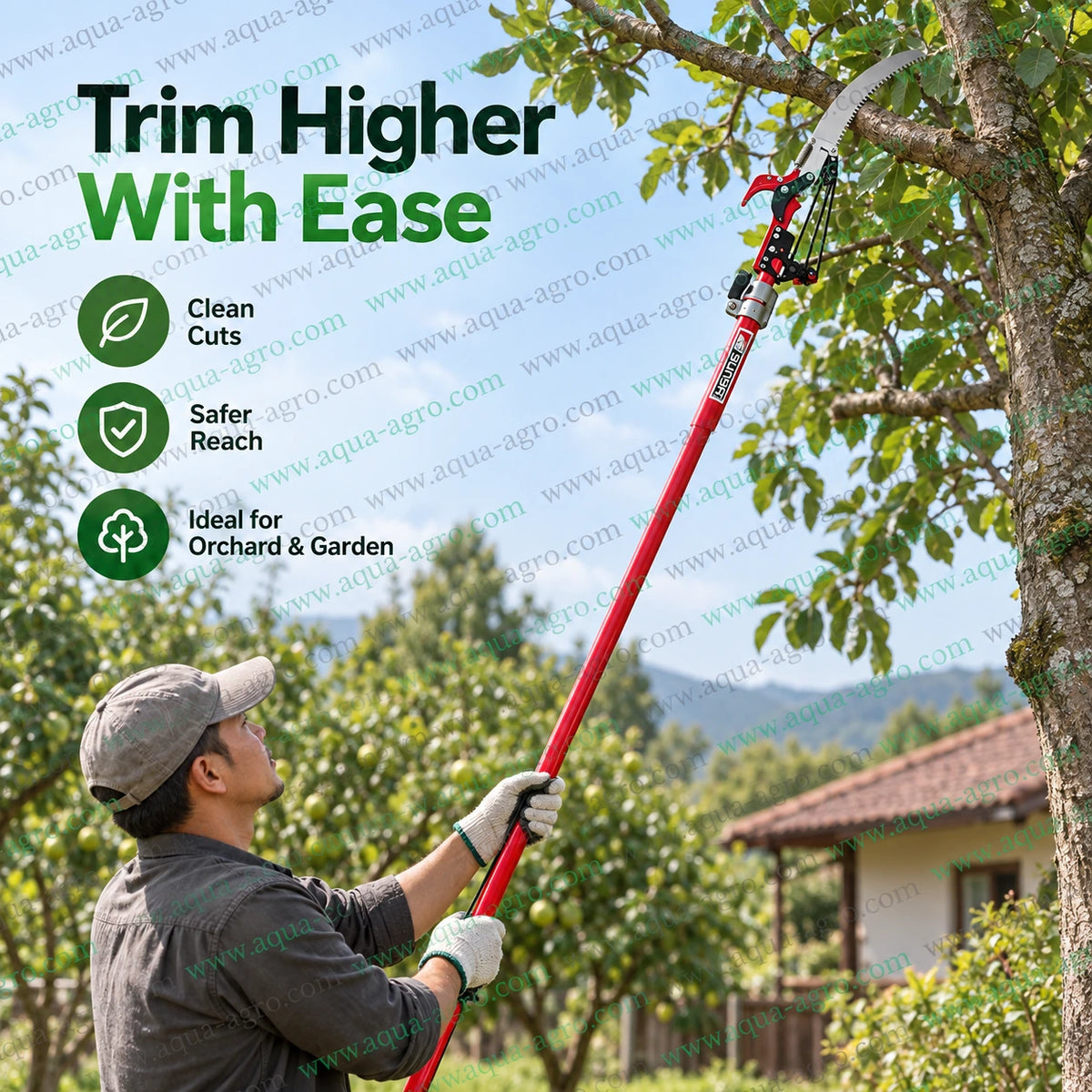 SUNYA 52502-C extendable 15 feet fibre pole tree pruner with string action bypass blade and curved saw for high branch cutting orchard garden and tree maintenance