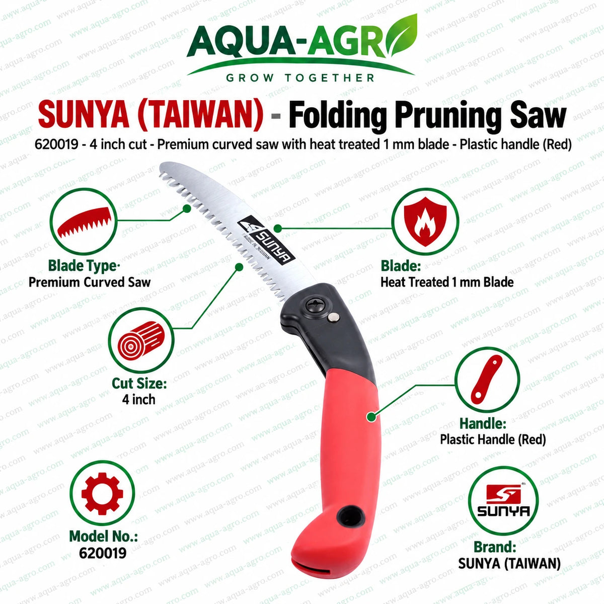 SUNYA 620019 premium folding pruning saw with curved heat treated 1 mm blade 4 inch cutting capacity and red plastic handle for garden tree branch pruning