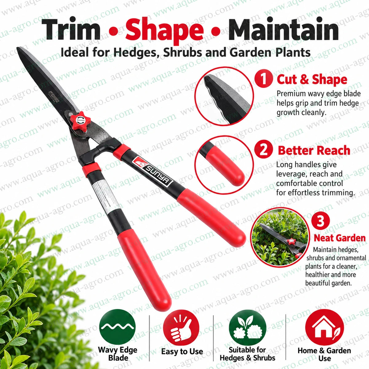 SUNYA Taiwan 231003 long handle hedge shear trimming garden hedges with 10 inch premium wavy edge blades for precise shrub shaping and landscape maintenance