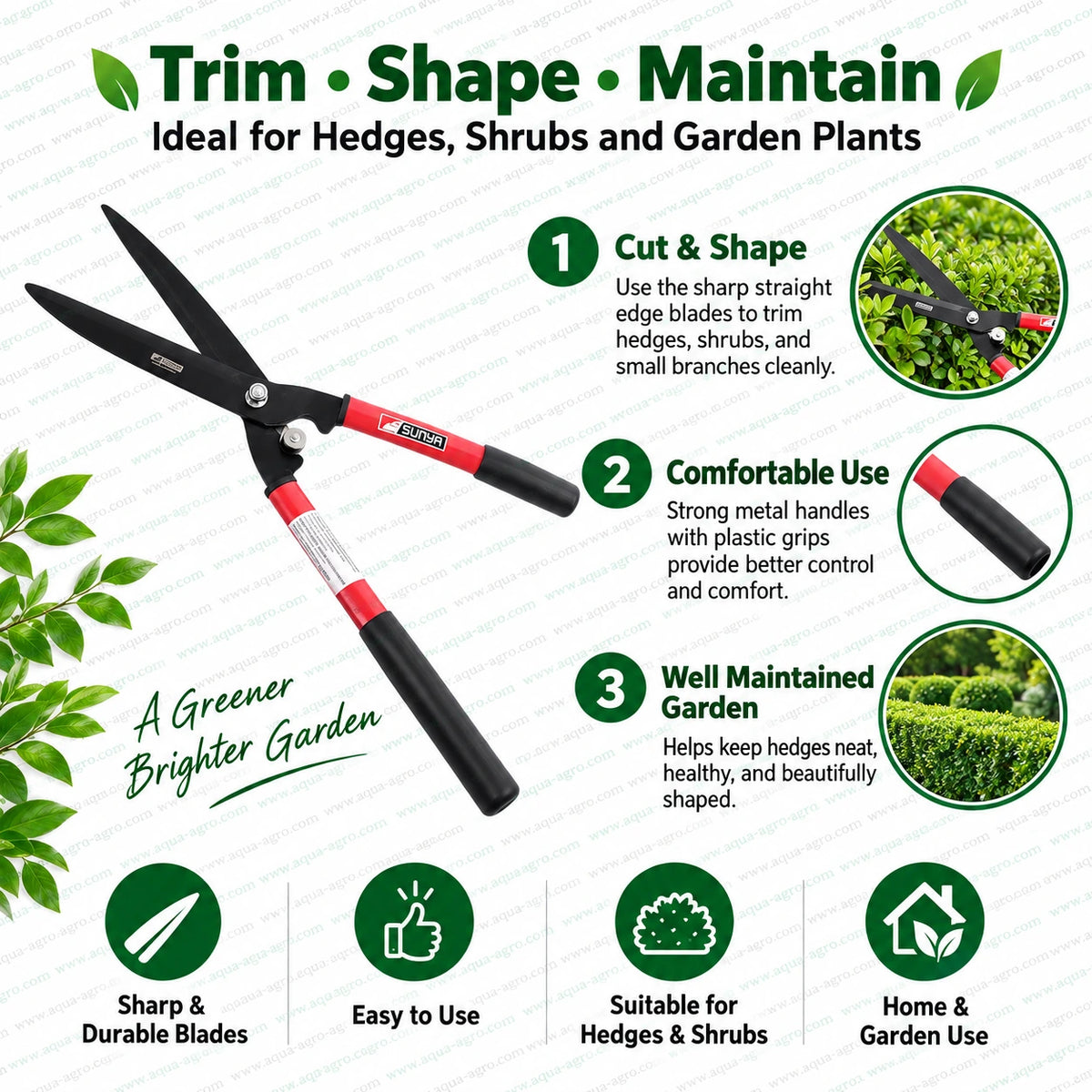 SUNYA Taiwan hedge shear model 3303 200023 with 8 inch premium straight edge blades durable metal handles and plastic grips for garden hedge and landscape trimming