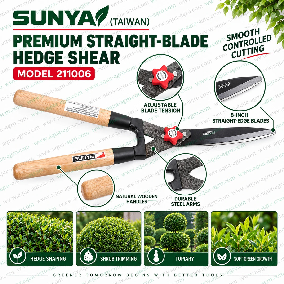 SUNYA Taiwan 211006 straight blade hedge shear use and care guide with adjustable blade tension wooden handles and premium blades for safe controlled hedge and shrub trimming