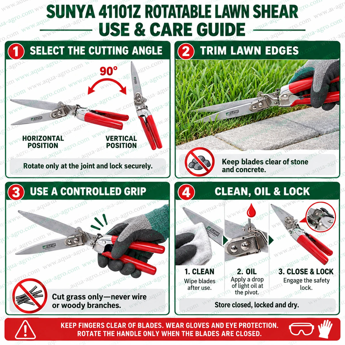 SUNYA Taiwan 41101Z 7 inch premium lawn shear with 90 degree rotatable handle spring assisted action safety lock and comfortable grips for paver joints kerb edges lawn borders and tight corner trimming