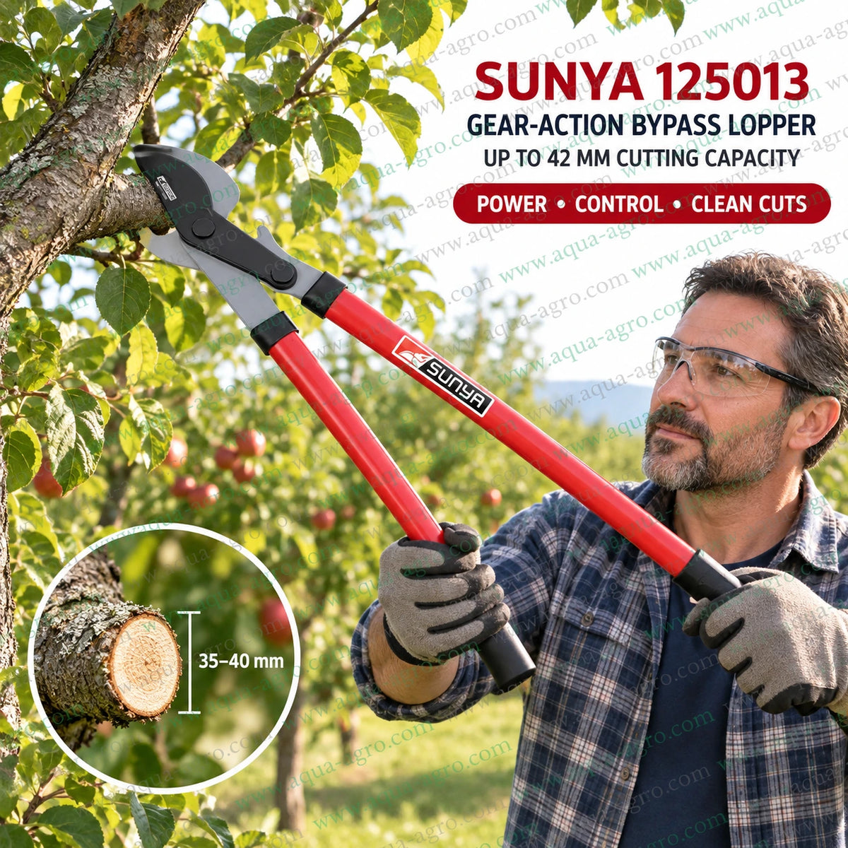 SUNYA Taiwan 125013 premium bypass lopper with compound gear action 42mm cutting capacity reinforced pivot long reach steel handles and non slip grips for fruit trees shrubs light branches and orchard pruning