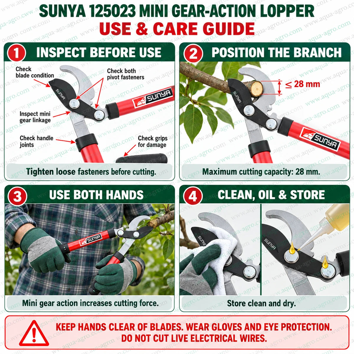 SUNYA Taiwan 125023 mini gear action bypass lopper with premium bypass blade 28mm cutting capacity for pruning fruit trees shrubs roses and small branches
